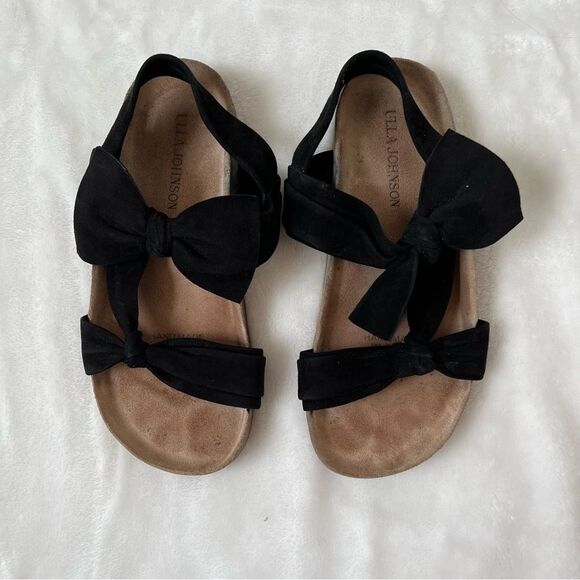 Ulla Johnson Abril Double Bow Suede Slide Sandal black cork comfort strap - Picture 2 of 4